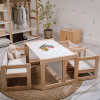 big bench with a small bench and two chairs set in white