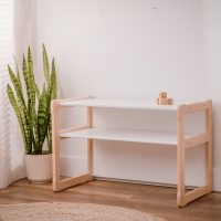 big bench with shelf as a desk in white