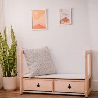 big bench in white with drawers in natural