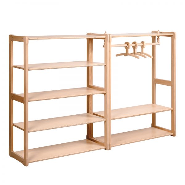 White background Clothing rack type B with shelf, MAXI shelf set in natural