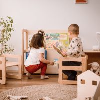 children with the chair and MIDI bookshelf