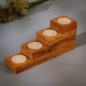 Wooden tealight holder set in TEAK stacked above