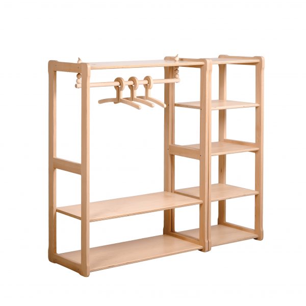 White background Clothing rack type B with shelf, MAXI shelf set in natural