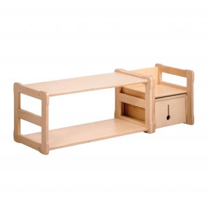 White background Set of Montessori START shelf with a chair and a small box in natural